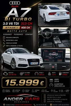 Audi A7/S7 4G S-LINE 3.0 bi-TDI Quattro boîte automatique 408ch 07/2013 20ch fiscale, 268.000km moteur/boite programme, frein Zimmerman perforé, cuir électrique massage chauffé/ventilé pneus neuf