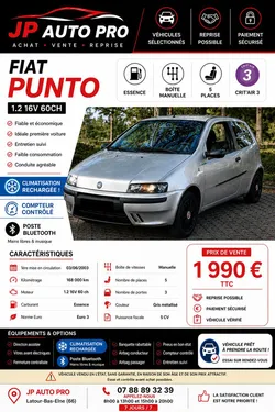 FIAT PUNTO 1.2 16V 60 CH – Clim rechargée – Bluetooth – CT de moins de 6 mois – 168 000 km